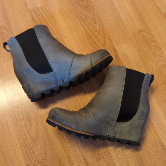 Sorel Lea Wedge Ankle Boots Womens 7 Gray Leather Slip On Waterproof Heel - Picture 4 of 7